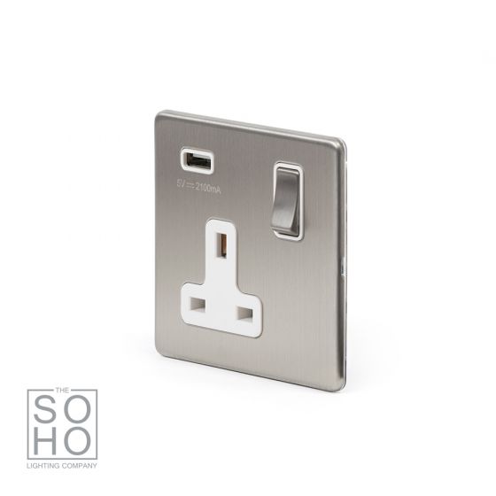 Brushed Chrome 1 Gang USB Socket with white Insert Elesi