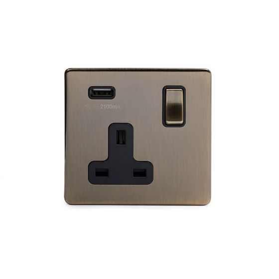 Antique Brass 13A 1 Gang Double Pole Switched USB Socket (USB Output 2.1amp)