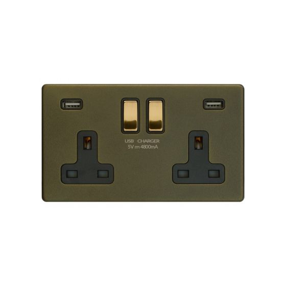 Soho Fusion Bronze & Brushed Brass 13A 2 Gang DP USB Socket (USB 4.8amp) Black Inserts Screwless