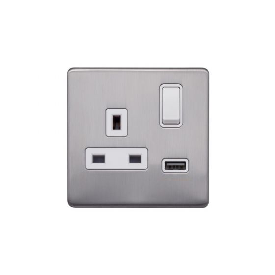 Lieber Brushed Chrome 13A 1 Gang Switched Socket (3.1A) USB Outlet
