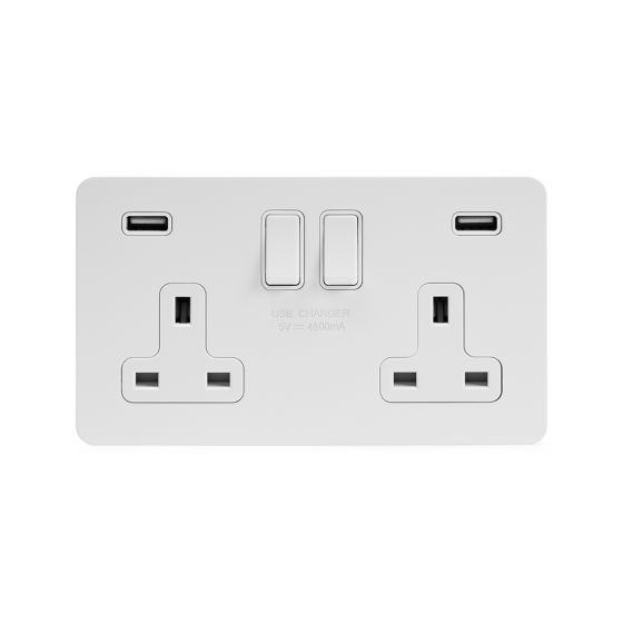 Soho Lighting White Metal Flat Plate 13A 2 Gang DP USB Switched Socket (USB Output 4.8amp) Wht Ins Screwless