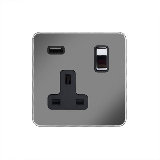 Soho Fusion Black Nickel & Polished Chrome With Chrome Edge 13A 1 Gang DP USB Socket (USB 2.1amp) Black Insert Screwless