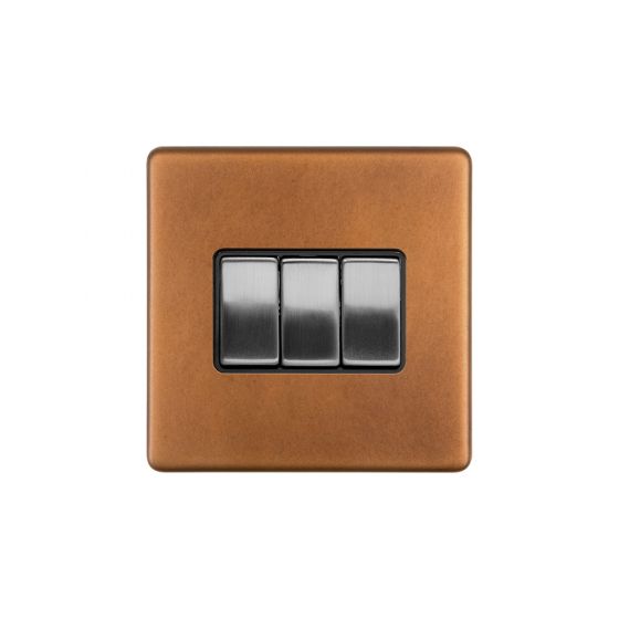 Soho Fusion Antique Copper & Brushed Chrome 10A 3 Gang 2 Way Switch Black Insert Screwless