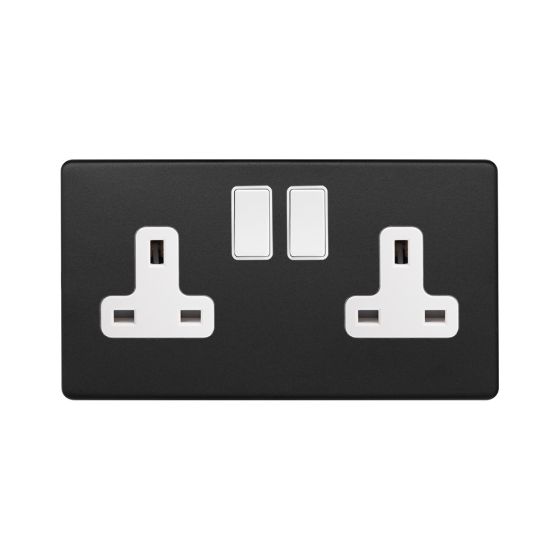 Soho Fusion Matt Black & White 13A 2 Gang Switched Socket, DP Screwless
