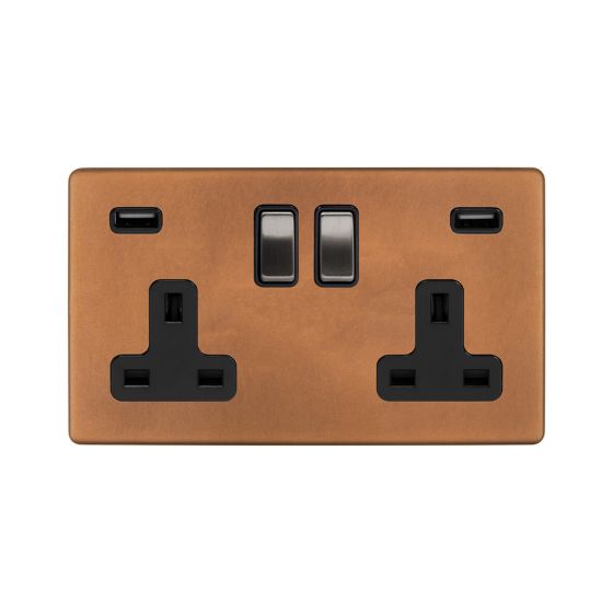 Soho Fusion Antique Copper & Brushed Chrome 2 Gang 3.1 Amp USB Socket Black Insert Screwless