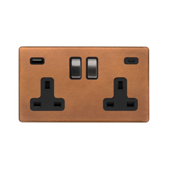 Soho Fusion Antique Copper & Brushed Chrome 2 Gang USB  A&C Socket (13A Socket + 2 USB Ports A&C 3.1A)