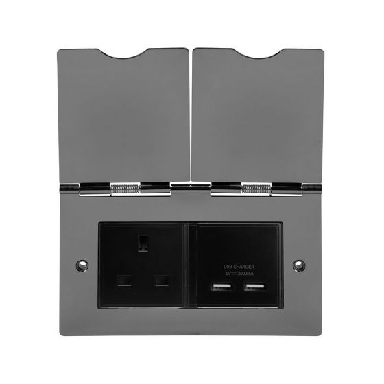 Soho Lighting Black Nickel Screwless Double Floor Outlet 13Amp Socket & USB Charger