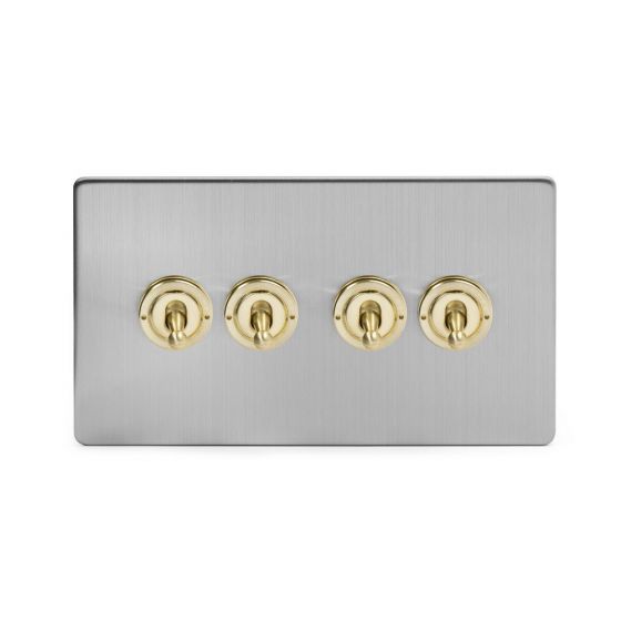 Soho Fusion Brushed Chrome & Brushed Brass 20A 4 Gang 2 Way Toggle Switch Screwless