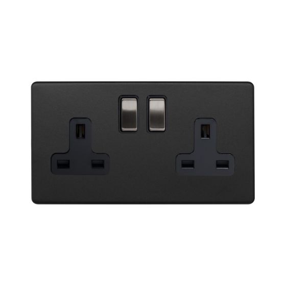 Soho Fusion Matt Black & Brushed Chrome 13A 2 Gang Switched Socket, DP Black Insert Screwless