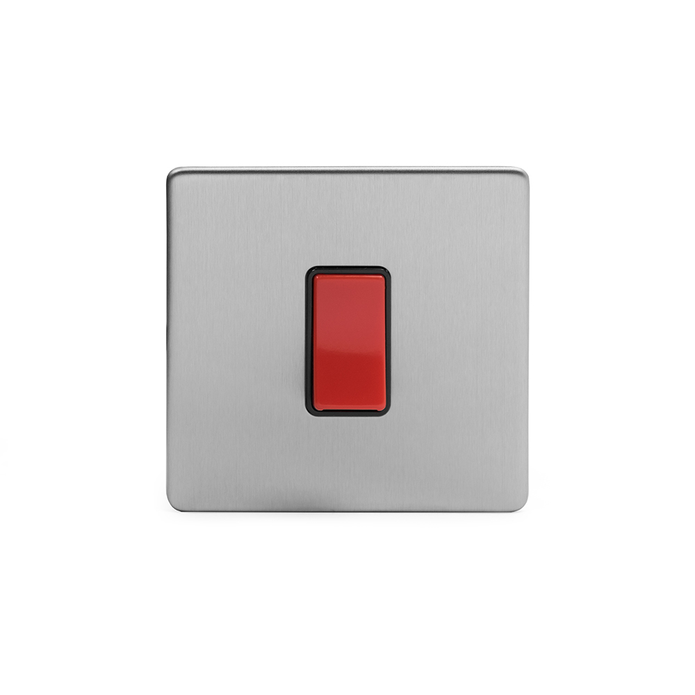 Soho Lighting Brushed Chrome 45A 1 Gang Double Pole Switch Single Plate Blk Ins Screwless  - Size: 86mm x 86mm x 4.5mm