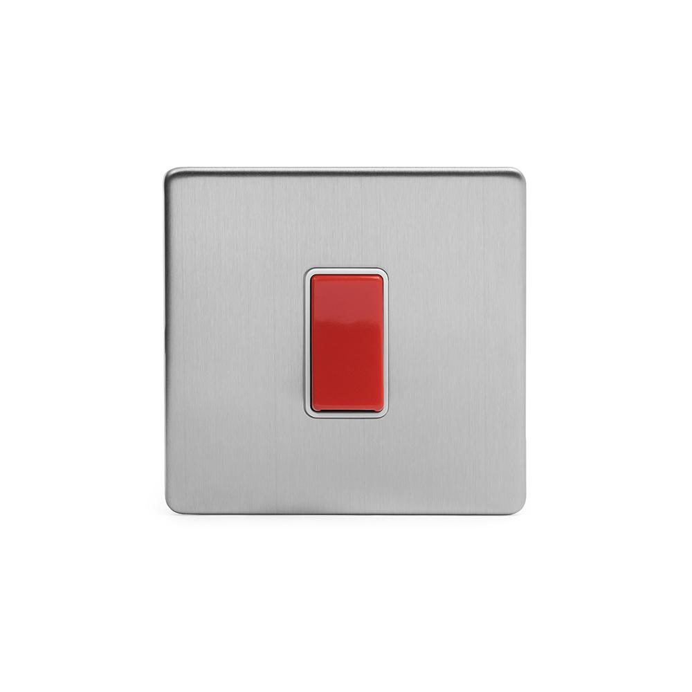 Soho Lighting Brushed Chrome 45A 1 Gang Double Pole Switch Single Plate Wht Ins Screwless  - Size: 86mm x 86mm x 4.5mm