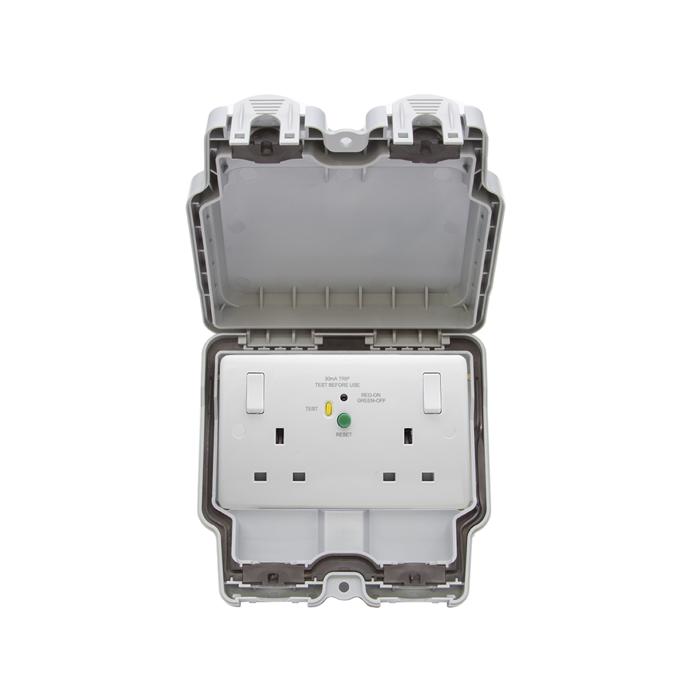 Lieber Silk White 2 Gang RCD Outdoor Socket 13A RCD Latched-30mA Type A  Double Pole IP66 Weatherproof