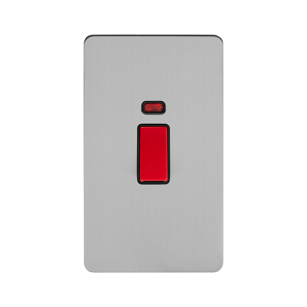 Soho Lighting Brushed Chrome Flat Plate 45A 1 Gang Double Pole Switch With Neon - Large Plate Blk Ins Screwless