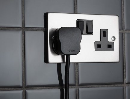 Flat Brushed Steel Sockets and Switches with Black Inserts and Matching Switches
