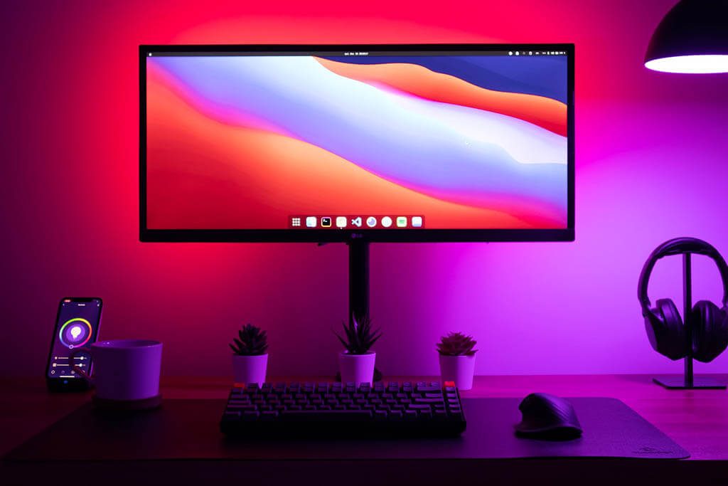 A mobile app controls the RGB lighting behind a monitor